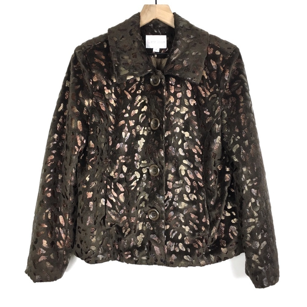 ERIN LONDON Cozy Jacket Teddy Furry Leopard Animal Print Metallic Size Medium